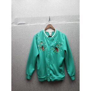 VTG Bon Worth Womens Green Embroidered Cardinal Fleece Snap-Front Cardigan Size